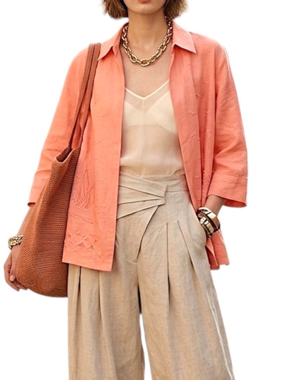 Coastal pure linen coral seascape embroidered boxy open 3/4 sleeve jacket L